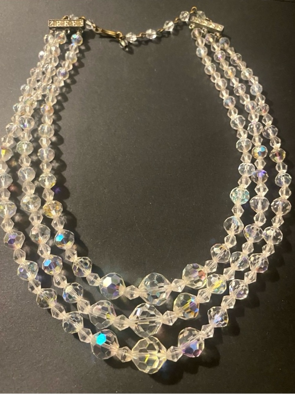 Vintage Triple-Strand Aurora Borealis (AB) Graduated Crystal Necklace Chocker
